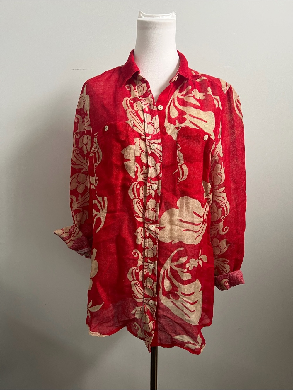 Ralph Lauren Linen Blend Red Floral Button Up Shirt Tropical M - Picture 2 of 6